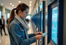 Retirer de l’argent avec une carte cadeau : astuces et conseils pratiques Femme examinant une carte cadeau devant un ATM moderne