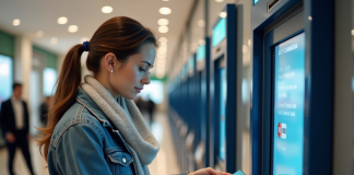 Retirer de l’argent avec une carte cadeau : astuces et conseils pratiques Femme examinant une carte cadeau devant un ATM moderne