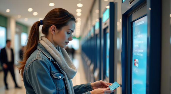Femme examinant une carte cadeau devant un ATM moderne