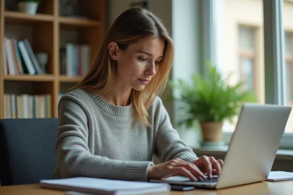 Femme d affaires vérifiant ses transactions bancaires sur un ordinateur portable