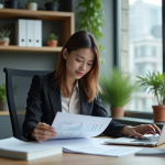 Intérêts capitalisés : se débarrasser efficacement en quelques étapes simples Femme d'affaires au bureau avec documents financiers