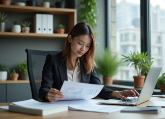 Intérêts capitalisés : se débarrasser efficacement en quelques étapes simples Femme d'affaires au bureau avec documents financiers