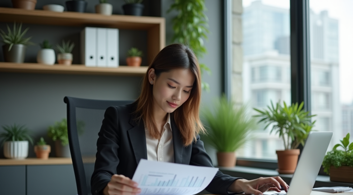 Intérêts capitalisés : se débarrasser efficacement en quelques étapes simples Femme d'affaires au bureau avec documents financiers