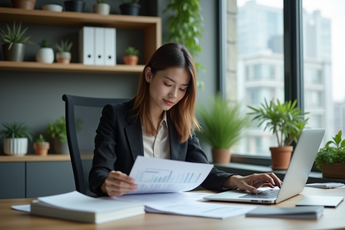 femme-bureau-finance Femme d'affaires au bureau avec documents financiers