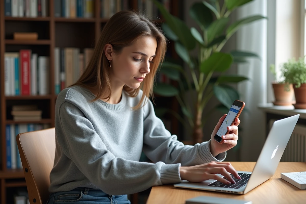 Femme concentrée travaillant sur son ordinateur dans un bureau à domicile