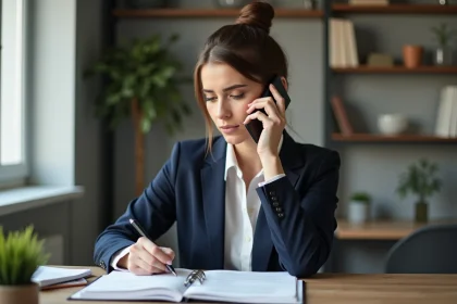 Femme en bureau calme parlant au téléphone