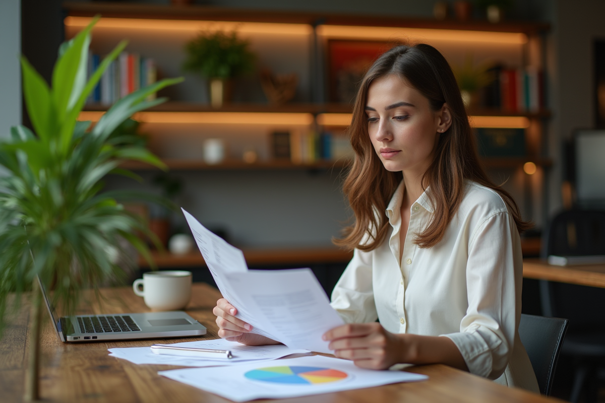 Jeune femme lisant des documents dans un café chaleureux