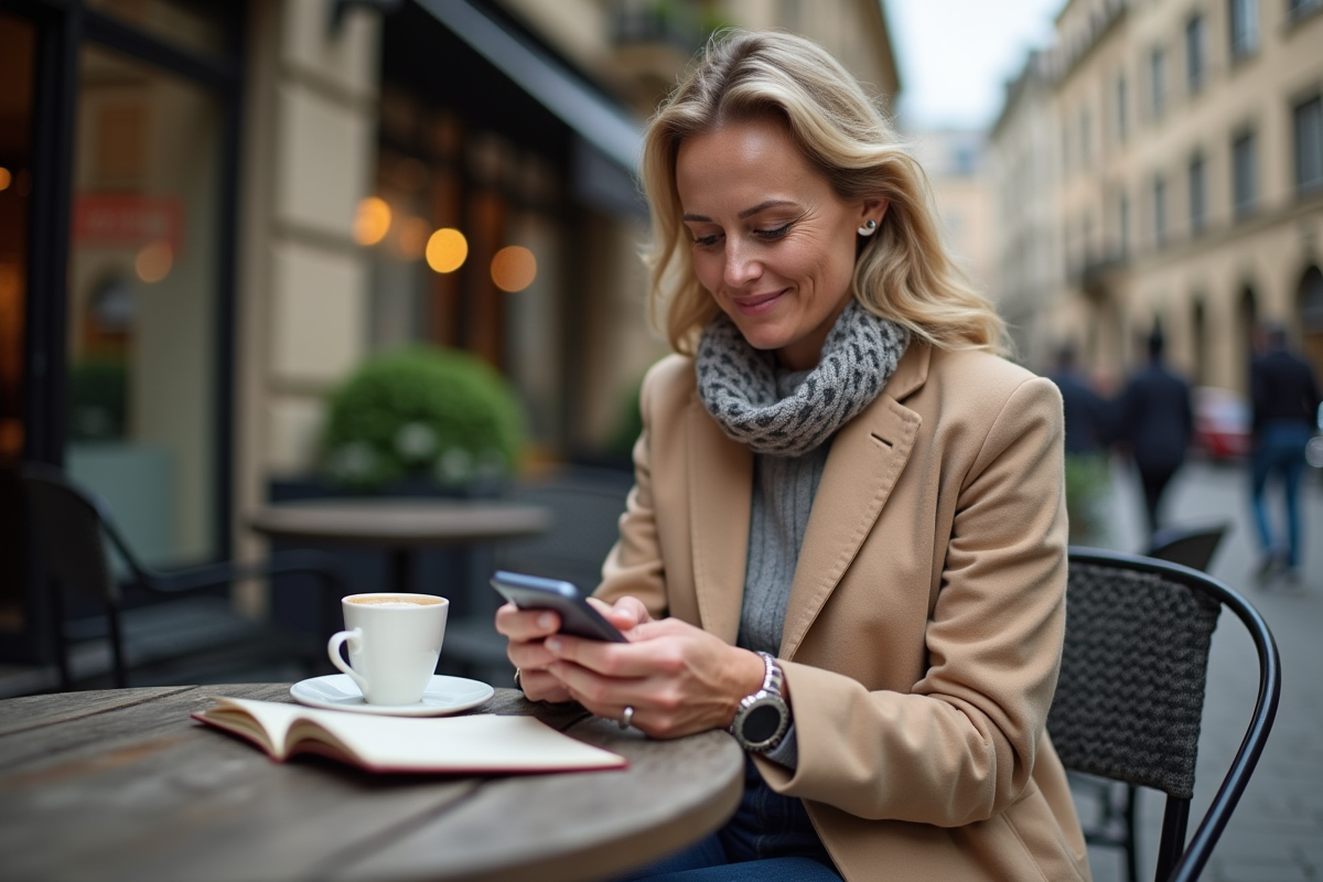 Femme en manteau beige vérifiant infos financières au café