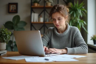 Femme consultant ses documents de fin de CDD et calculant ses droits à l'allocation chômage sur un ordinateur portable