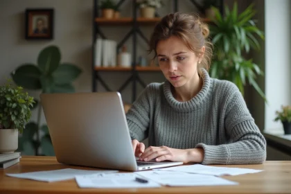 Femme consultant ses documents de fin de CDD et calculant ses droits à l'allocation chômage sur un ordinateur portable