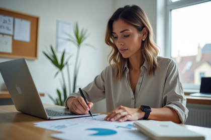 Femme concentrée calculant pourcentages au bureau