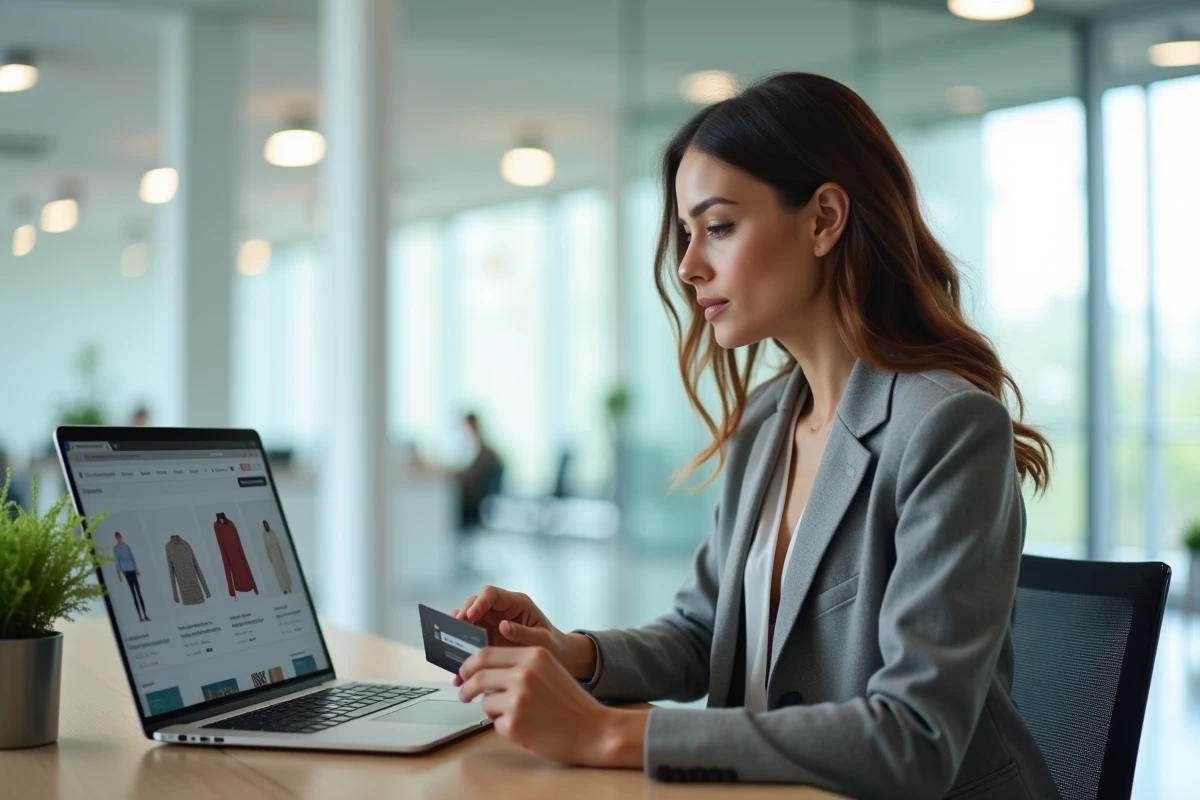 Femme professionnelle utilisant sa carte Bimpli pour effectuer des achats sur une plateforme e-commerce depuis son bureau