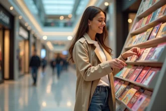 Jeune femme examine des cartes cadeaux dans un centre commercial