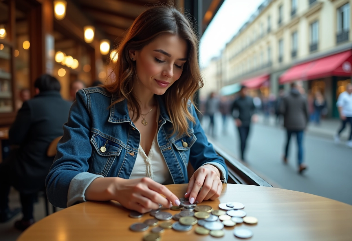 Jeune femme comparant des pièces de franc et d euro au café