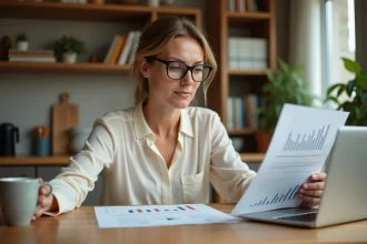 Femme consultant des offres de crédit facilement accessibles sur ordinateur portable à domicile