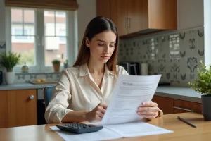 Femme examinant un relevé bancaire à la maison