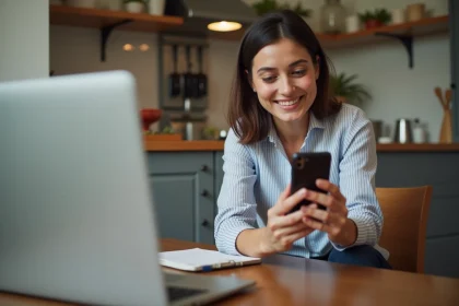 Femme en train de configurer son compte Banque Postale à la maison