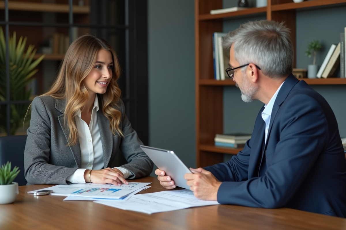 Jeune femme discutant avec conseiller financier au bureau