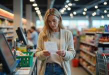 Effets de l’inflation : impact sur l’économie et les ménages Femme d'âge moyen vérifiant son ticket de caisse au supermarché