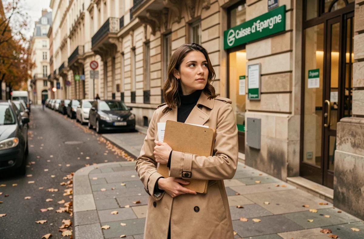 Jeune femme devant une agence Caisse d'Épargne tenant des documents d'assurance emprunteur