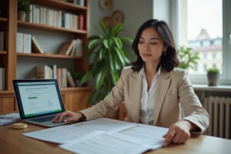 Femme consultant des documents administratifs sur les allocations chômage à l'étranger depuis son bureau à domicile