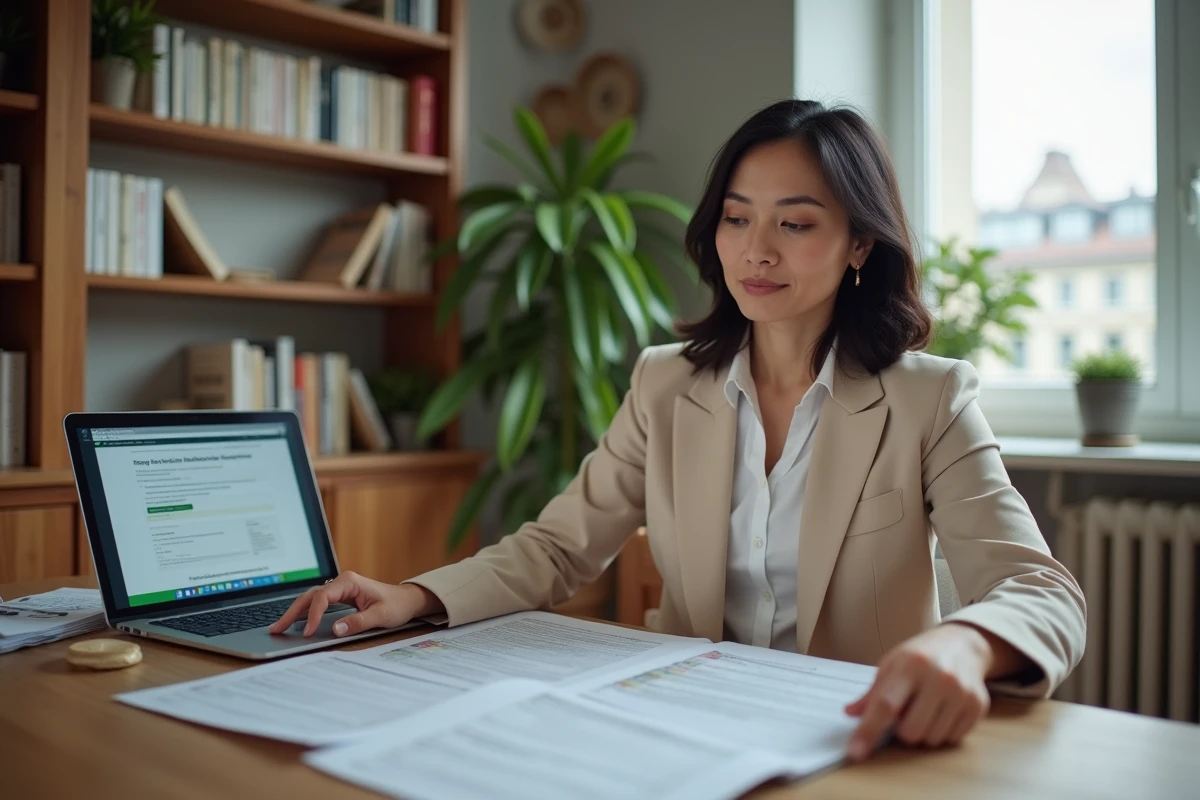 Femme consultant des documents administratifs sur les allocations chômage à l'étranger depuis son bureau à domicile