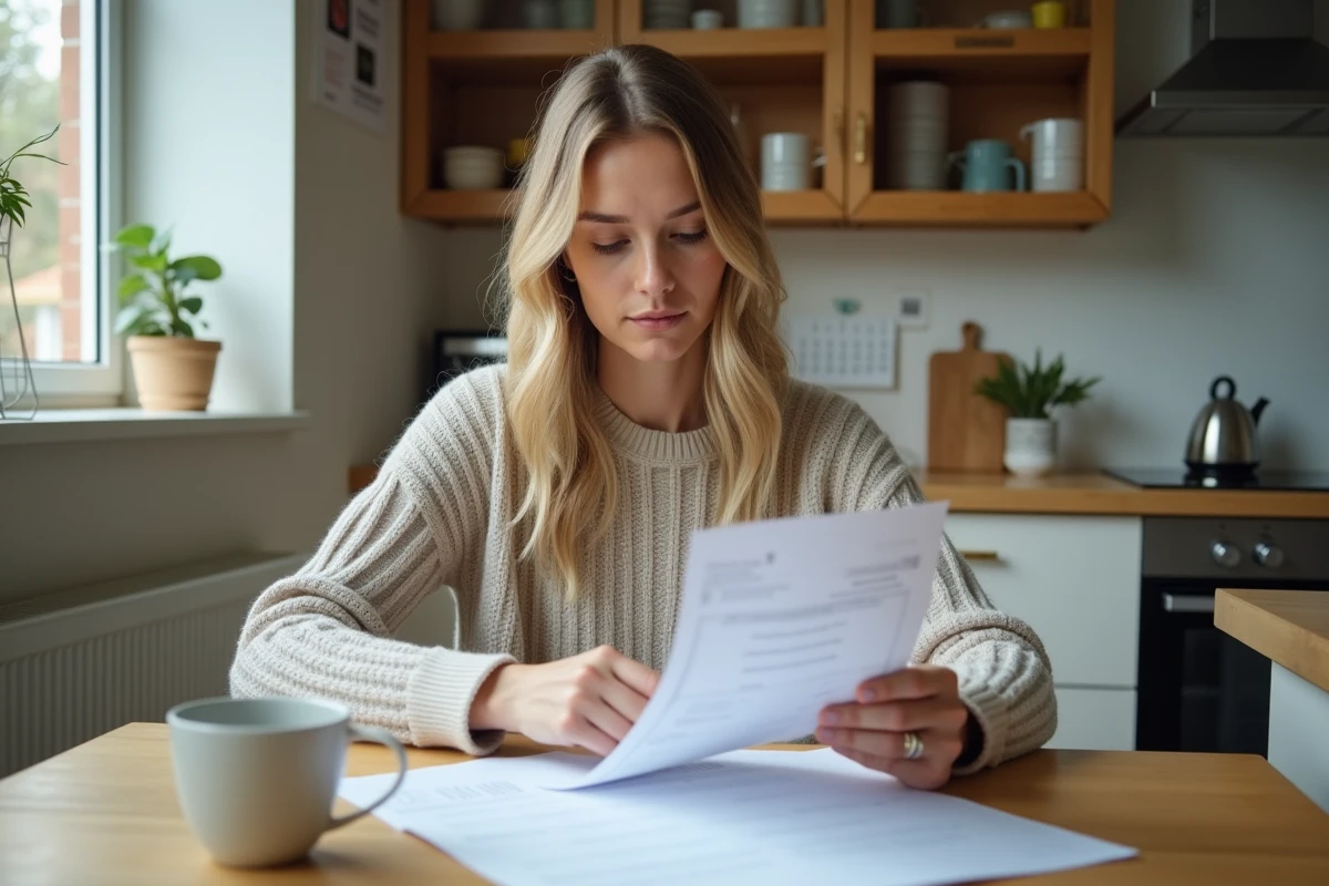 Femme lisant des documents dans une cuisine moderne
