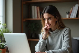 Femme frustrée devant un écran d'ordinateur affichant une erreur de connexion sur le site LCL particulier