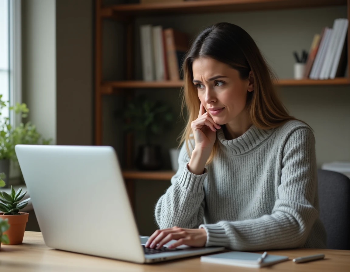 Femme frustrée devant un écran d'ordinateur affichant une erreur de connexion sur le site LCL particulier