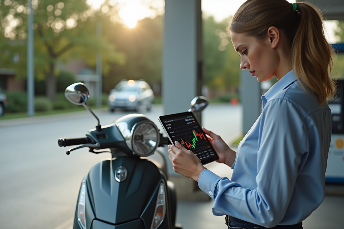 Femme examine un graphique sur tablette près d’un scooter