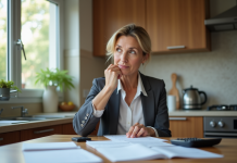 Femme d'affaires réfléchissant sur ses documents de dettes