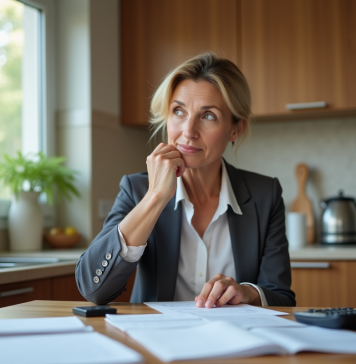 Femme d'affaires réfléchissant sur ses documents de dettes