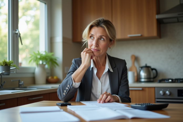 Femme d'affaires réfléchissant sur ses documents de dettes