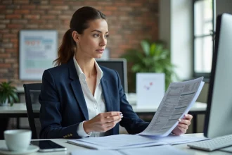 Femme en blazer bleu examinant des formulaires fiscaux au bureau