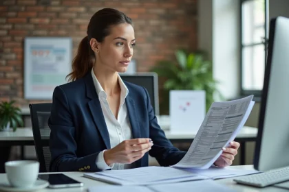 Femme en blazer bleu examinant des formulaires fiscaux au bureau
