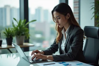 Femme professionnelle utilisant une tablette dans un bureau moderne