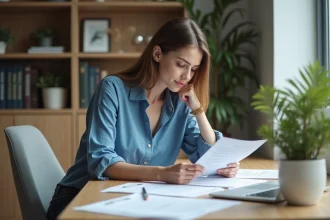 Jeune femme lisant des documents financiers à la maison
