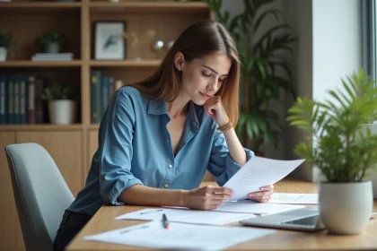 Jeune femme lisant des documents financiers à la maison