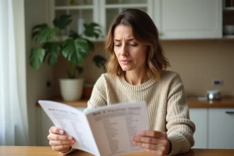 Femme consultant une liste papier de magasins partenaires Cadhoc à la maison en 2026