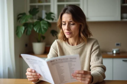 Femme consultant une liste papier de magasins partenaires Cadhoc à la maison en 2026