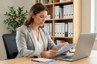 Femme consultant un livret d'épargne logement LEL à son bureau à domicile