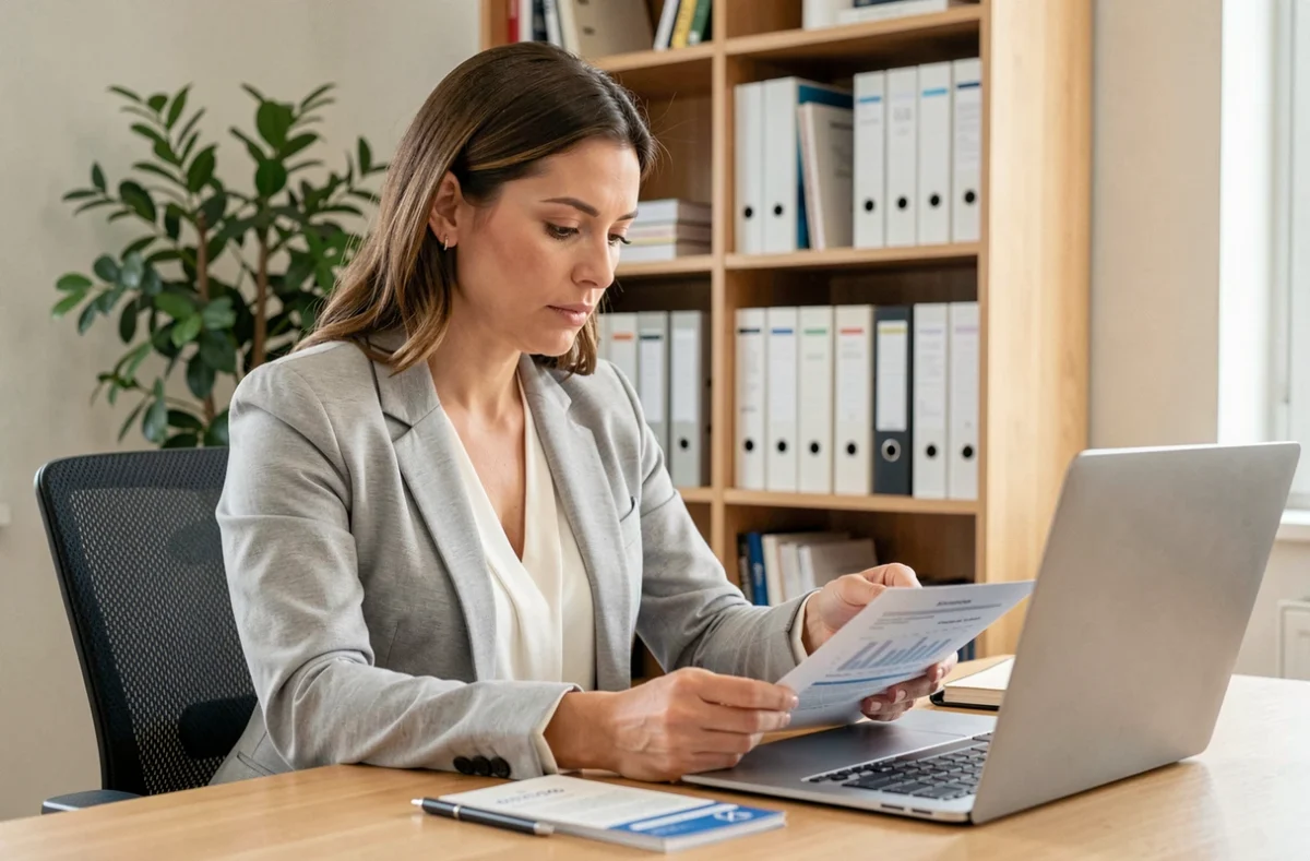 Femme consultant un livret d'épargne logement LEL à son bureau à domicile