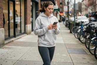 Femme marchant en ville avec son smartphone affichant une application de gains en marchant