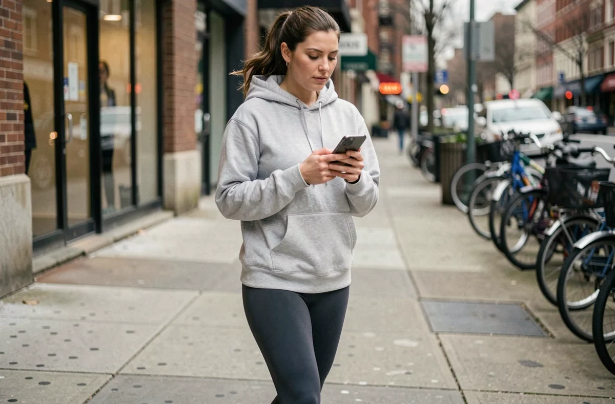 Femme marchant en ville avec son smartphone affichant une application de gains en marchant