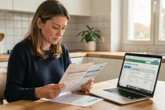Femme consultant des documents de mutuelle santé et la sécurité sociale sur son ordinateur dans une cuisine moderne