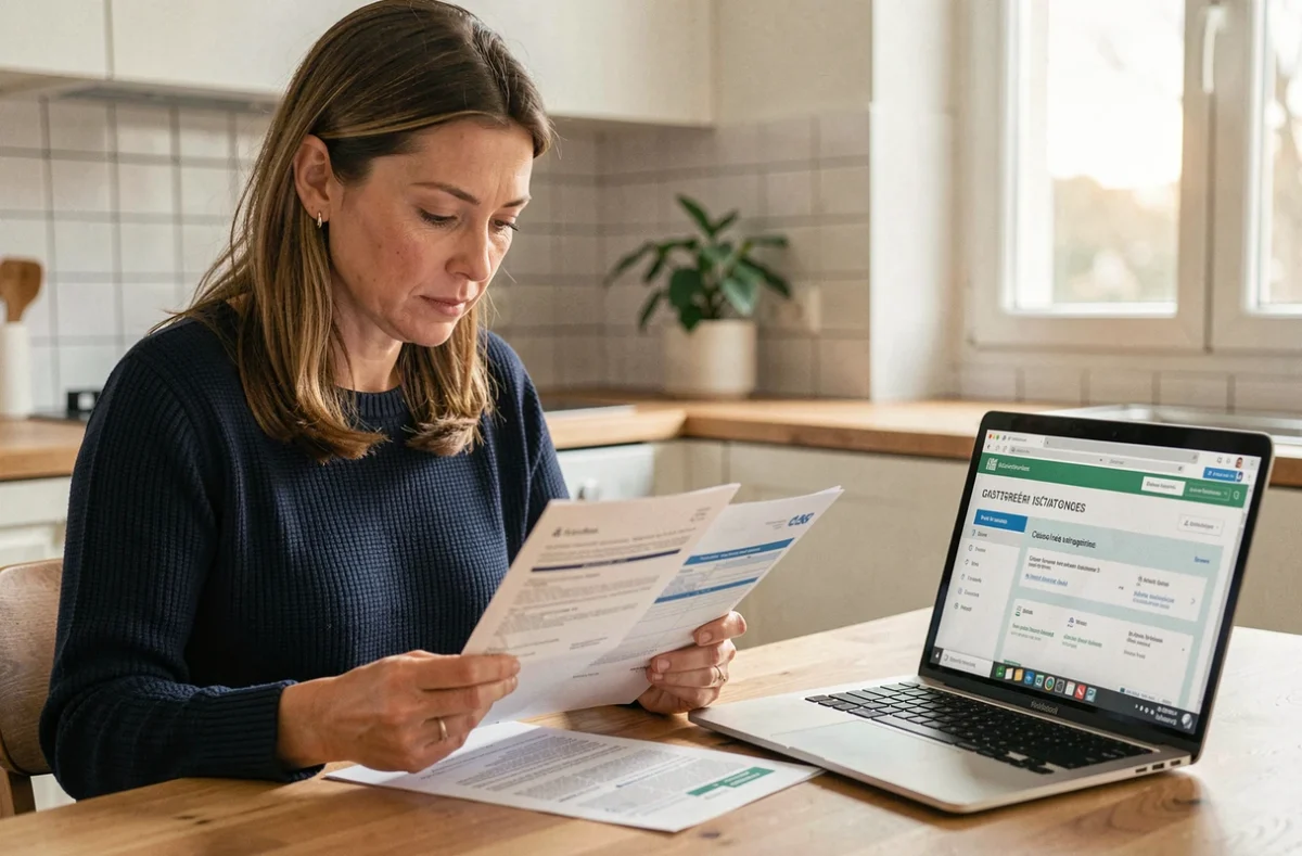 Femme consultant des documents de mutuelle santé et la sécurité sociale sur son ordinateur dans une cuisine moderne