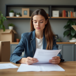 Dettes à l’étranger : quel impact sur mon déménagement ? Femme concentrée avec papiers et cartons dans un appartement
