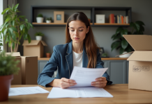 Dettes à l’étranger : quel impact sur mon déménagement ? Femme concentrée avec papiers et cartons dans un appartement