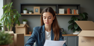 Dettes à l’étranger : quel impact sur mon déménagement ? Femme concentrée avec papiers et cartons dans un appartement