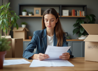 Dettes à l’étranger : quel impact sur mon déménagement ? Femme concentrée avec papiers et cartons dans un appartement